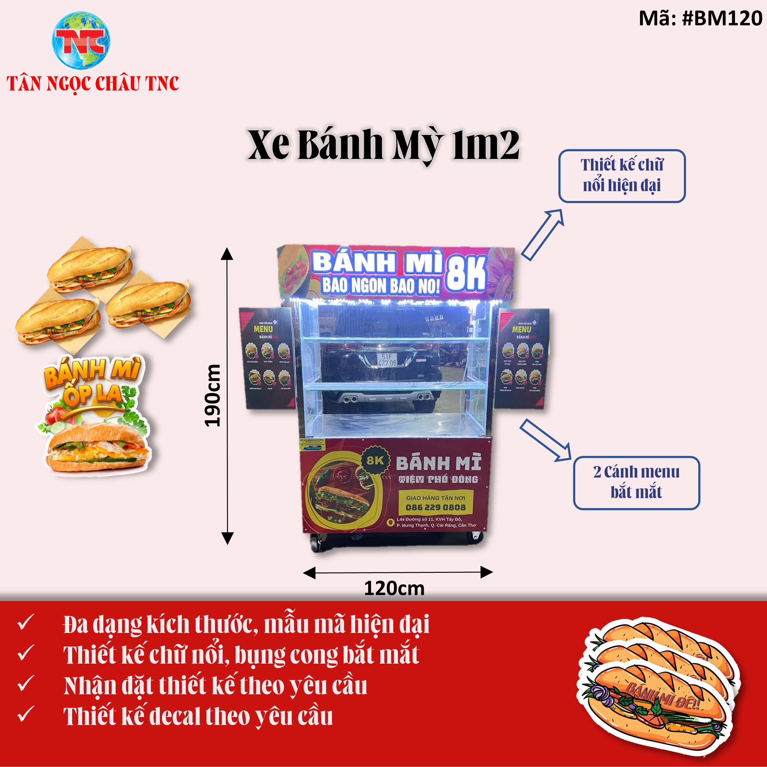 Xe Bánh Mì Xôi Măn 1M2*50*1M9 Inox Dày Thiết Kế Decan Theo Yêu Cầu