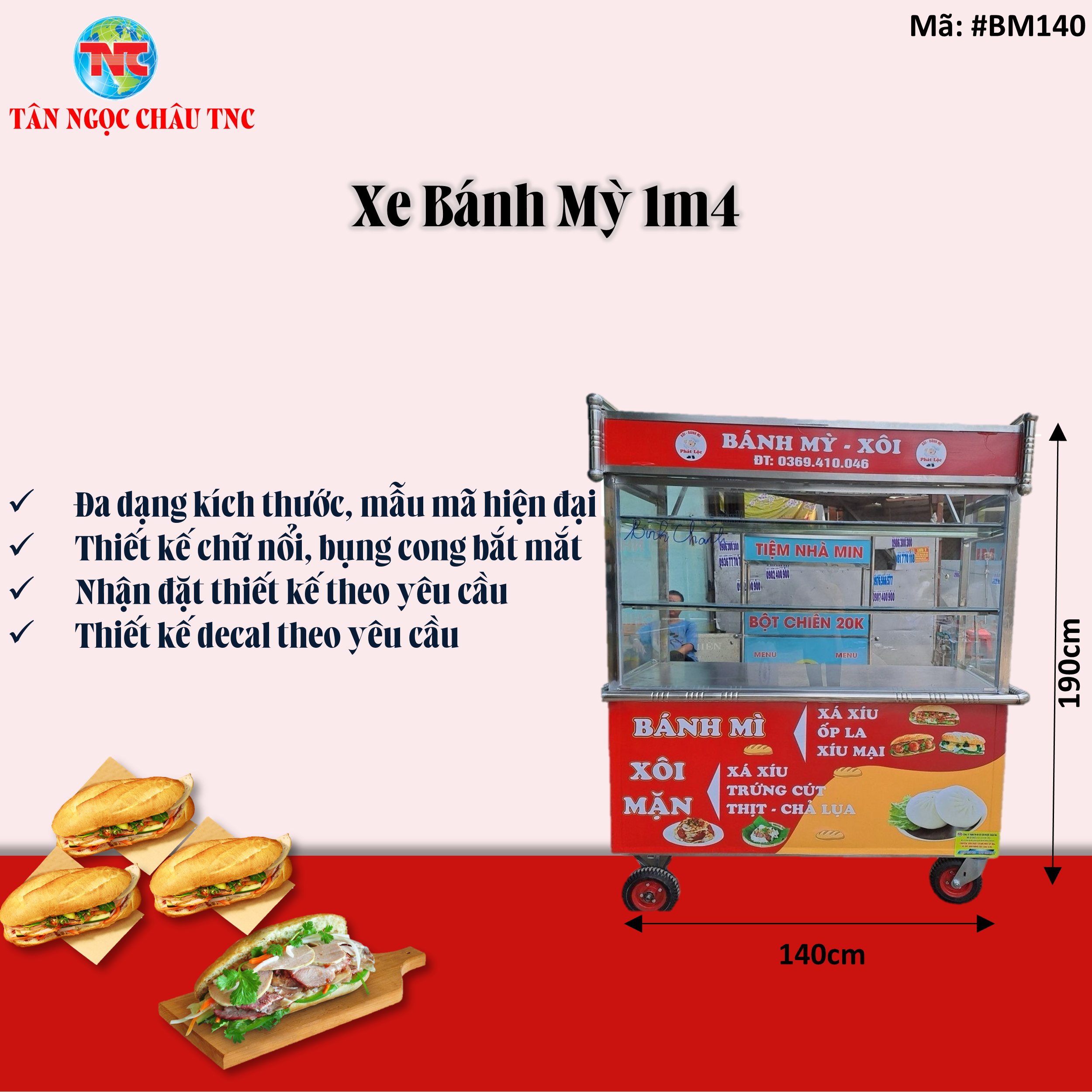 Xe Bánh Mì Xôi Măn 1M4 *50*1M85 Inox Dày Thiết Kế Decan Theo Yêu Cầu