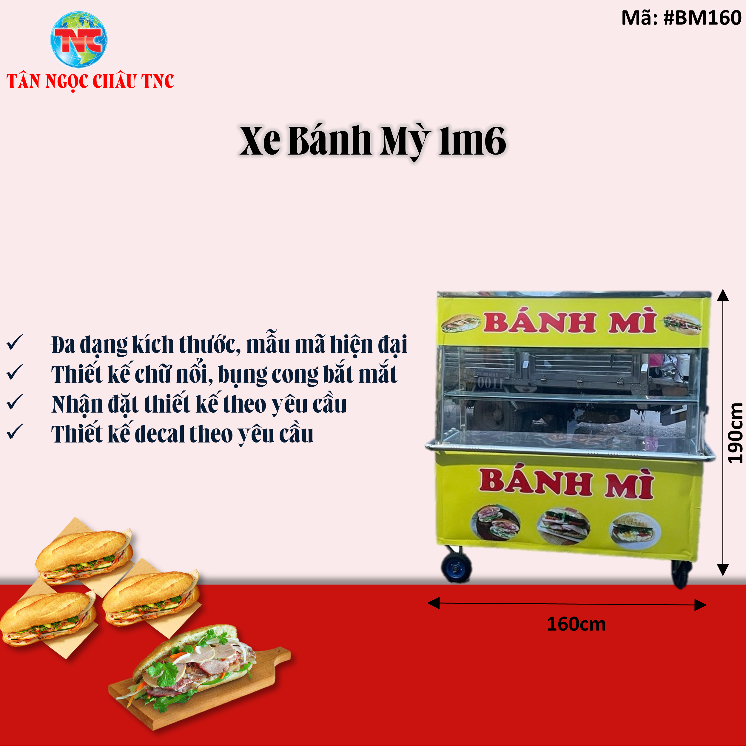 Xe Bánh Mì Xôi Măn 1M6*55*1M9 Inox Dày Thiết Kế Decan Theo Yêu Cầu
