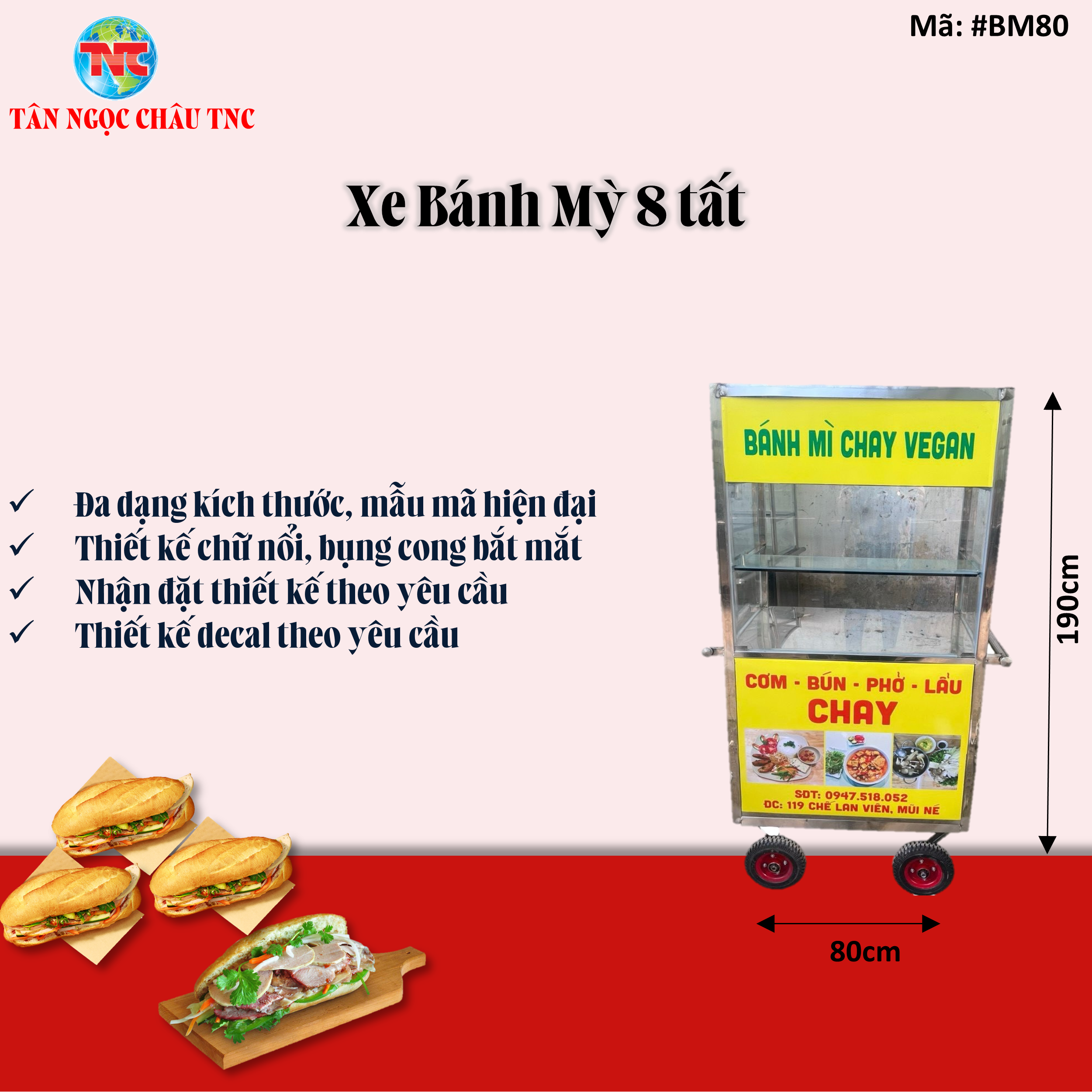 Xe bánh mì ,xe cơm 8 tất*50*1m8 nhận đặt thiết kế theo yêu cầu