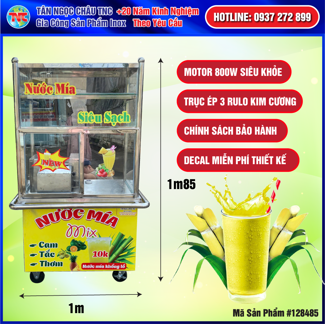 Xe Nước Mía Liền Bàn Có Tủ Kính12 Bạc Đạn  Tân Ngọc Châu: Kết Cấu Siêu Bền, Thách Thức Mọi Loại Mía Cứng.