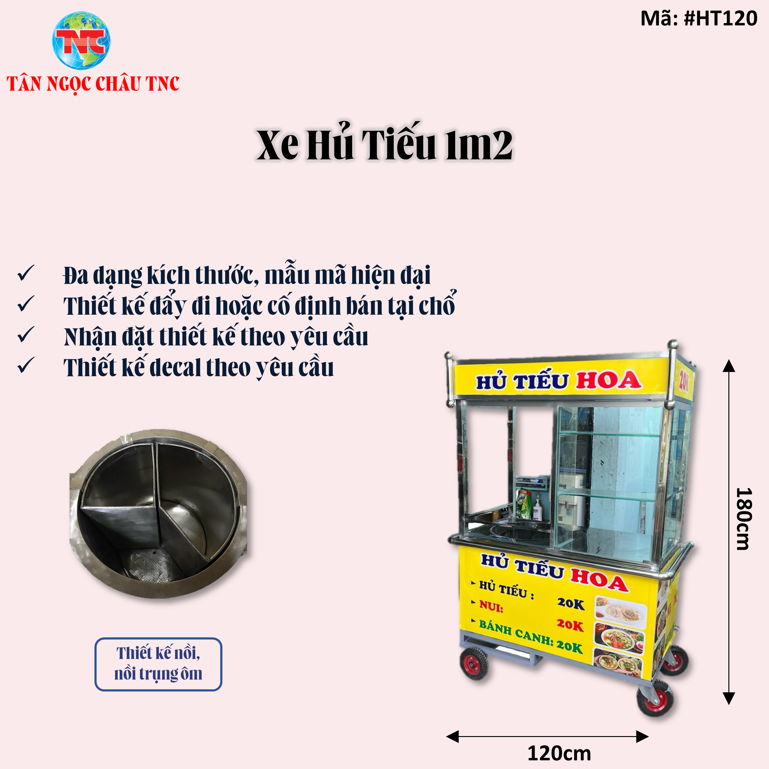 Xe Hủ Tiếu Gõ 1m2 *70 Inox Dày Dặn
