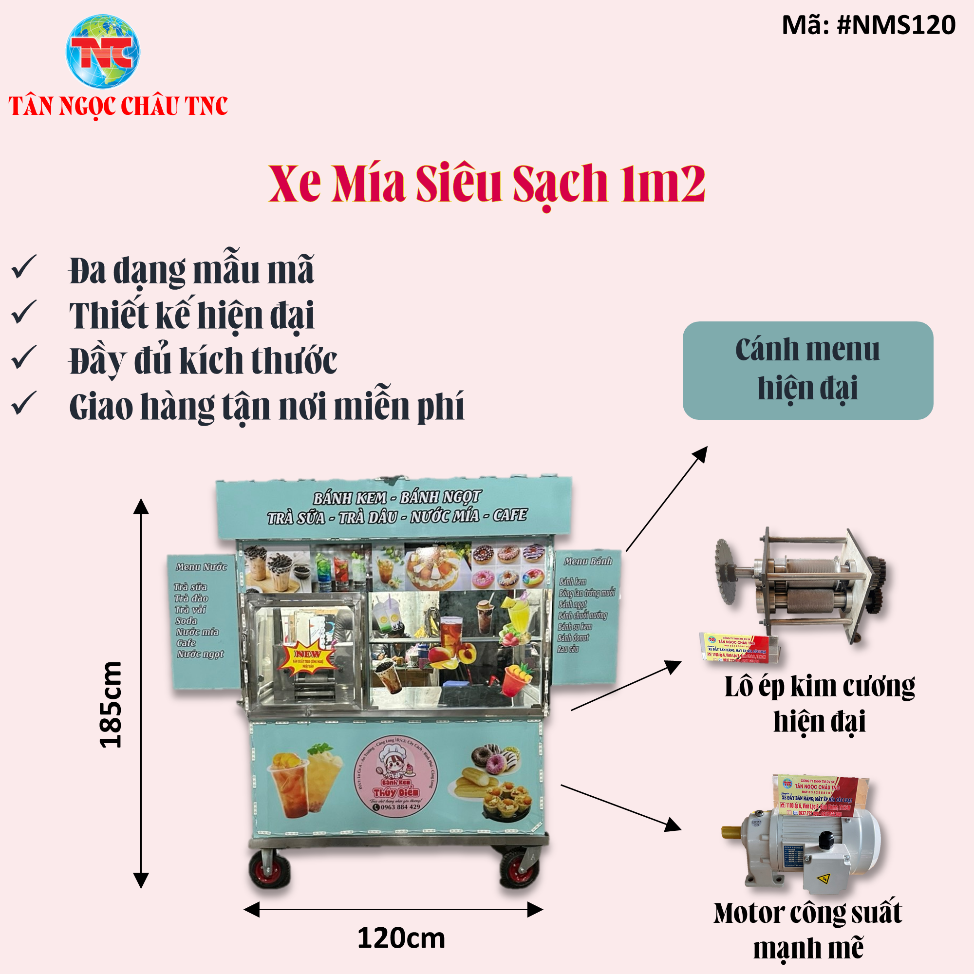Xe nước mía siêu sạch liền bàn kim cương 1M2*55*1M85 Đèn led siêu sáng