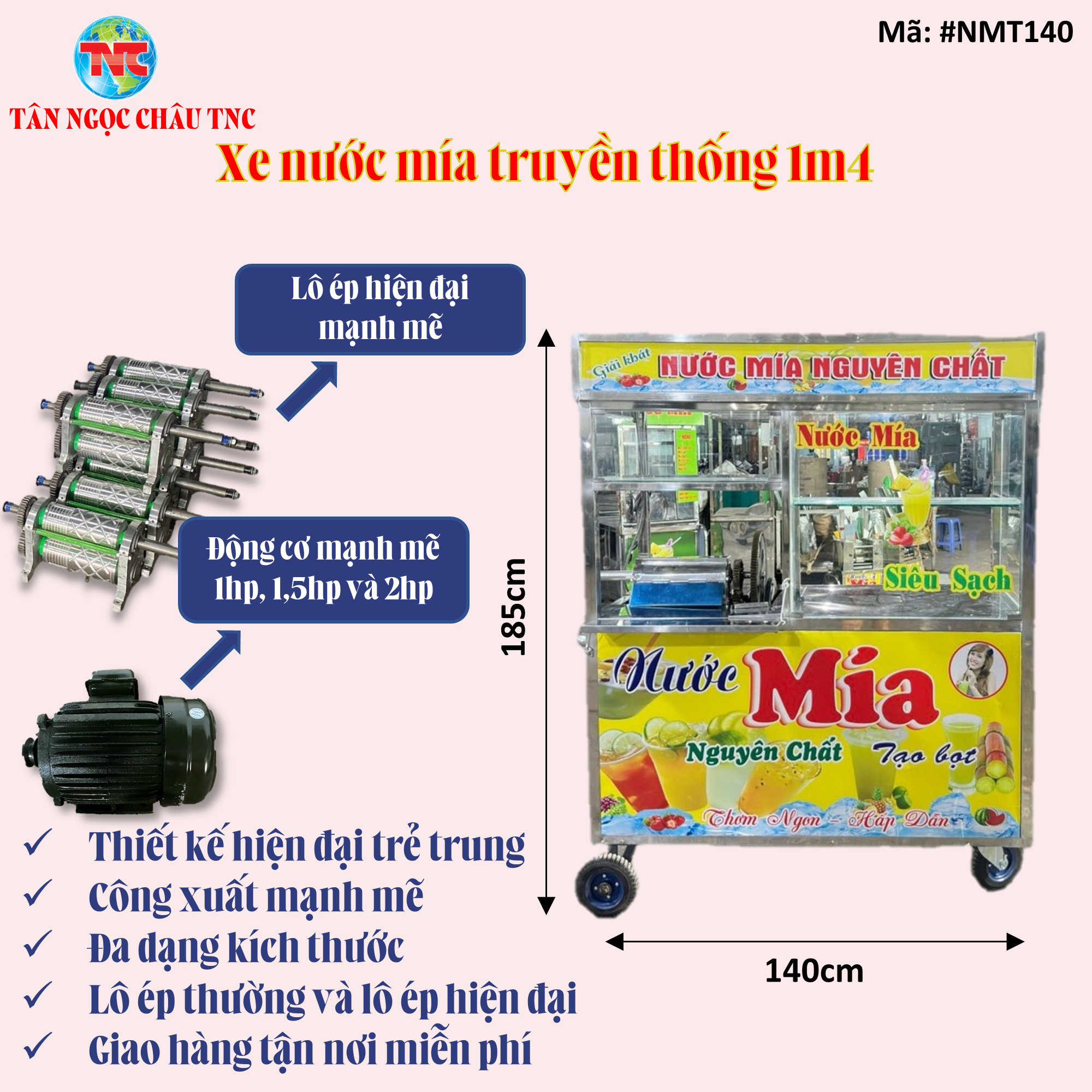 Xe nước mía truyền thống 1m4*55*1m85 lô ép hiện đại mạnh mẽ