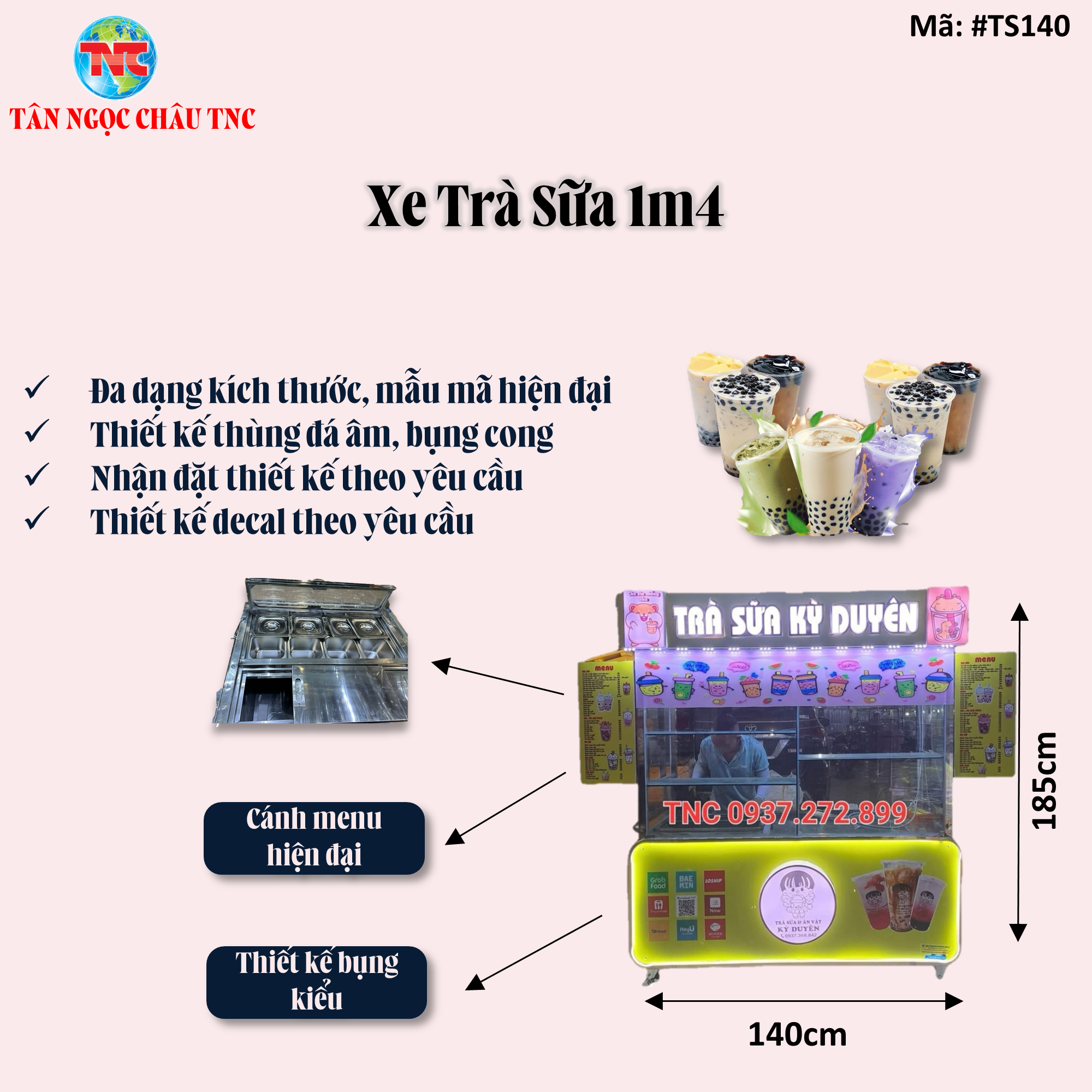Xe trà sữa 1m4*60*2m chữ nổi ,logo nổi thùng đá âm,khay topping,bụng cong, kính nhiều tầng
