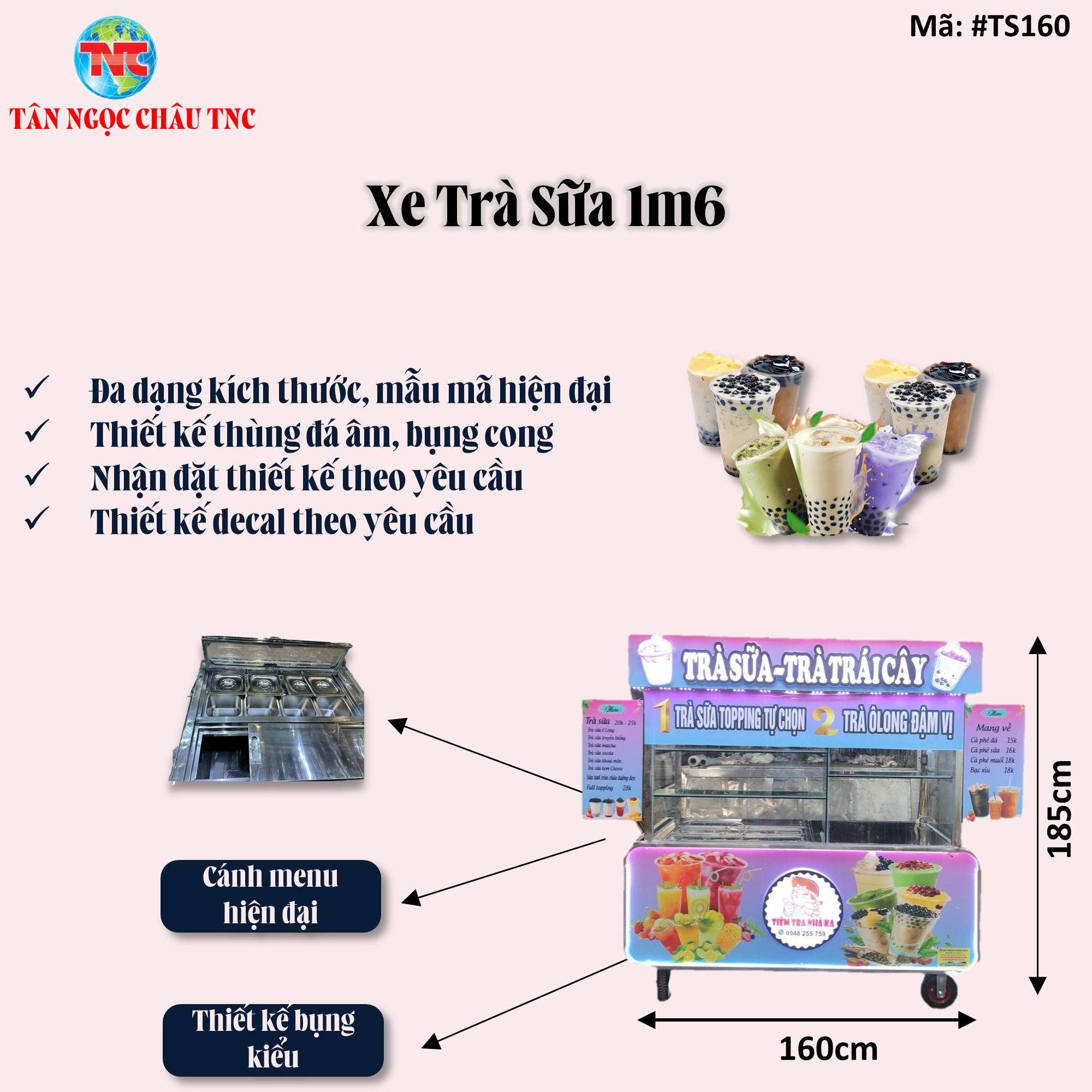 Xe trà sữa ,tủ bán xe trà sữa 1M6*60*1M85 Chữ nổi ,logo nổi ,thùng đá âm ,khay topping , bụng cong ,kính nhiều tầng