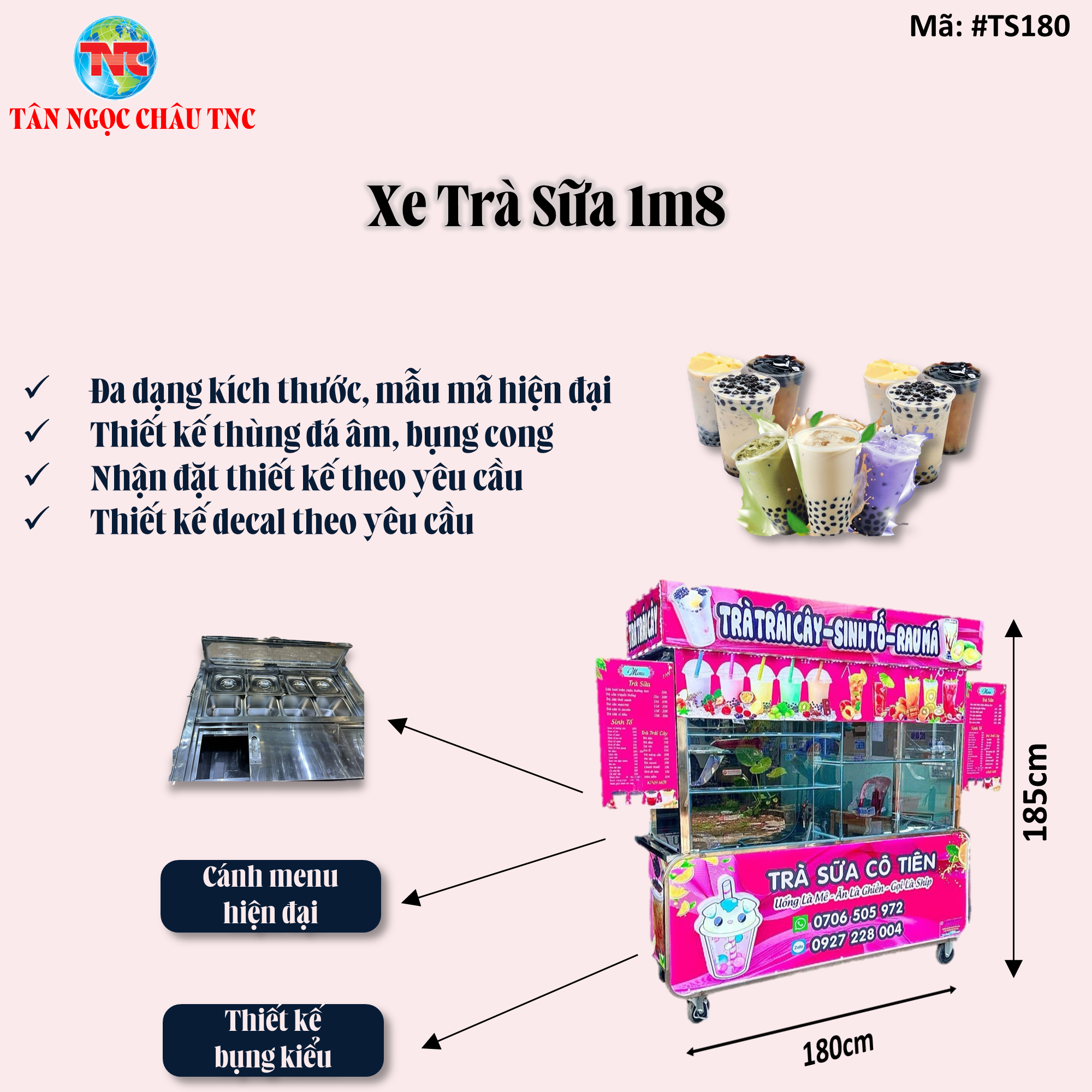 Xe trà sữa , tủ bán xe trà sữa 1M8*60*1M9 Thùng đá âm ,khay topping, chữ nổi ,logo nổi