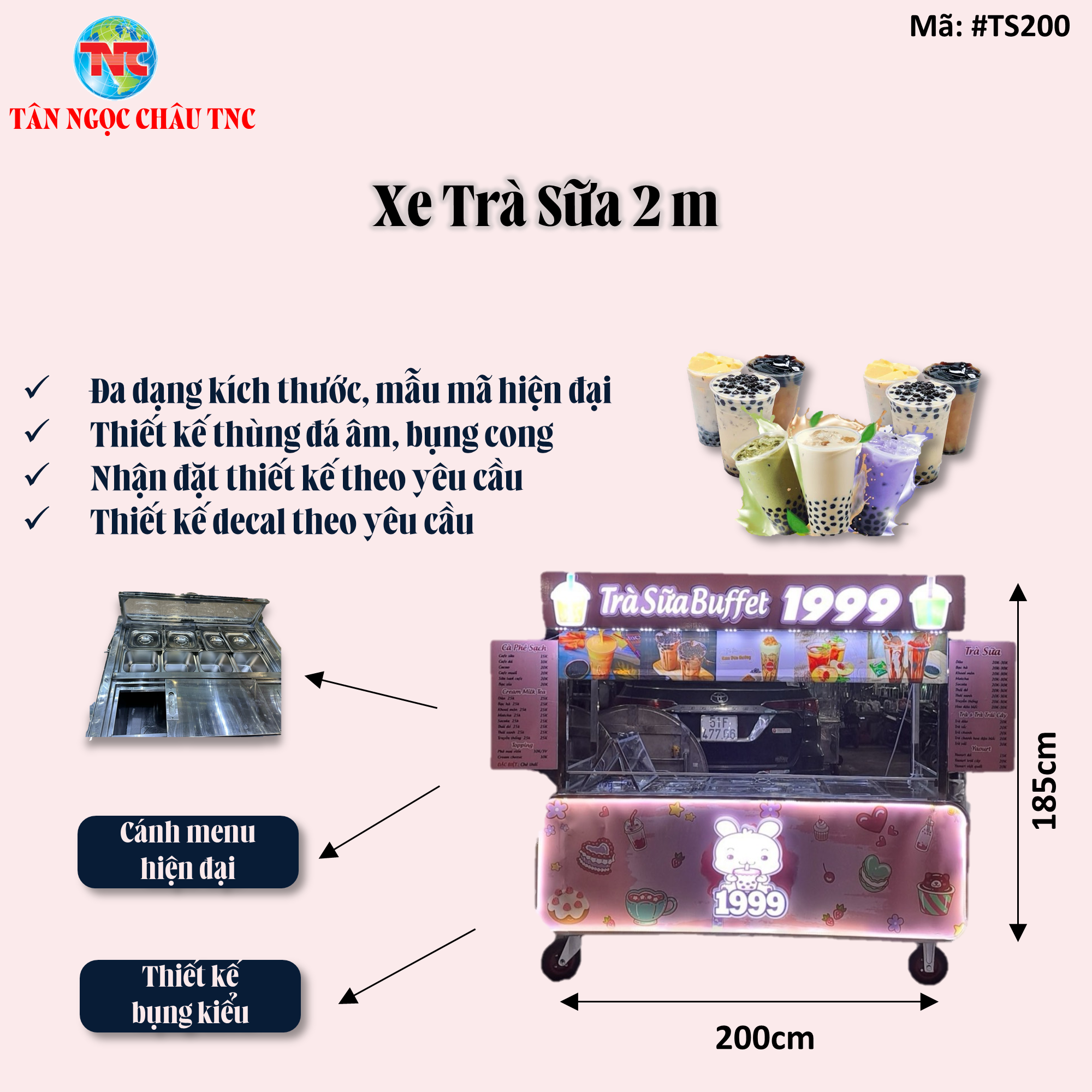 Xe trà sữa kiểu BUFFET 2M*60*1M9 Thiết kế chữ nổi , logo nổi ,khay topping , thùng đá âm