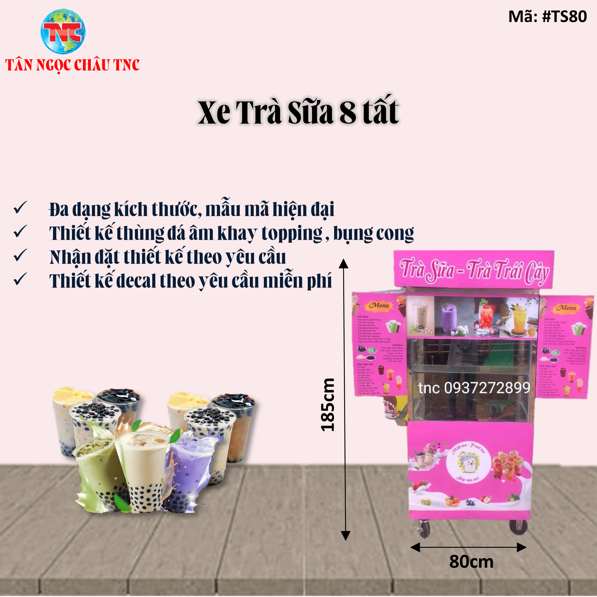 Xe trà sữa kích thước 8 tất *50*1m85 đa dạng kích thước nhận đặt thiết kế theo yêu cầu