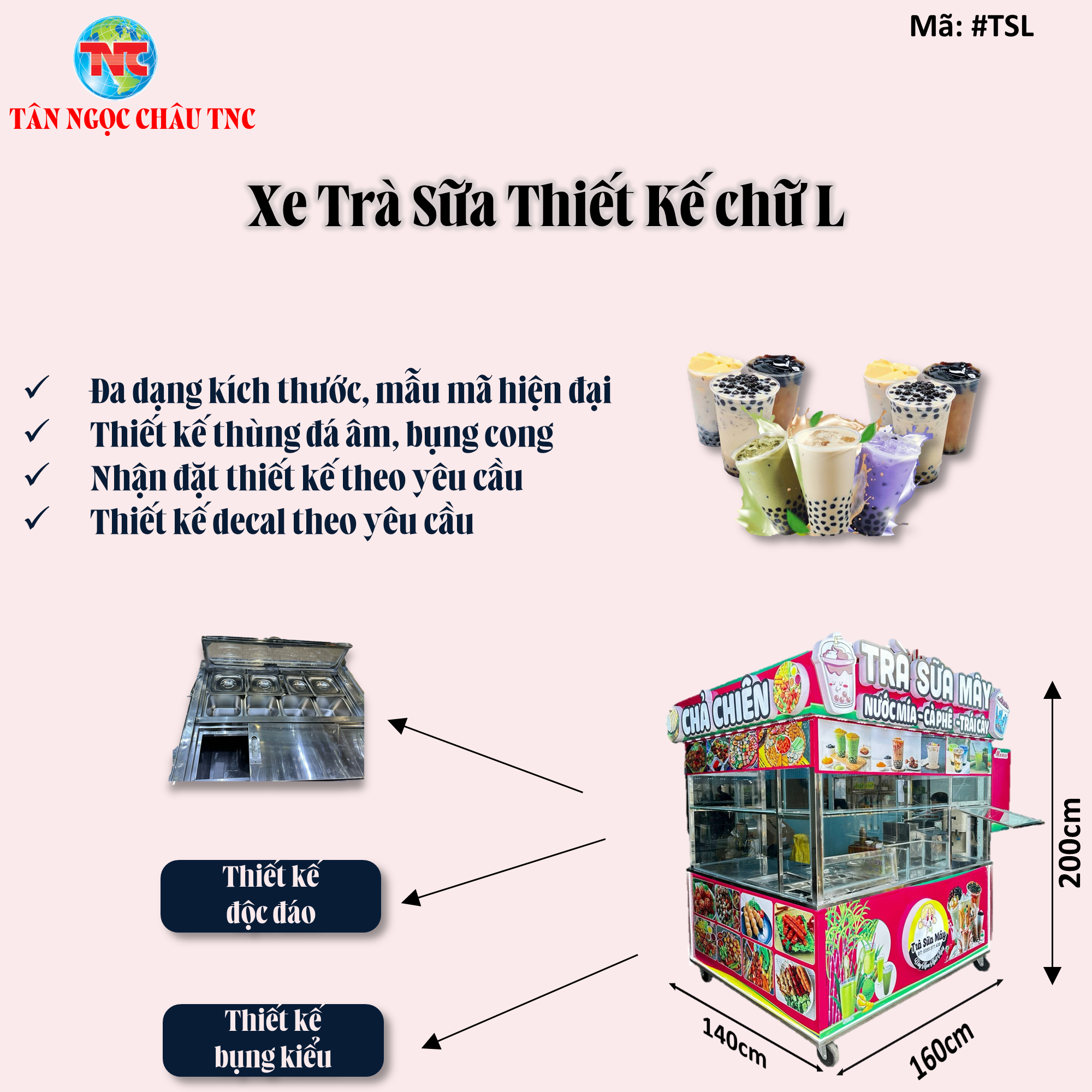 Xe trà sữa ,tủ bán xe trà sữa chữ L 1M6*1M4*60*2M thiết kế logo nổi ,chữ nổi , thùng đá âm , khay topping mẫu mã siêu hiện đại ,siêu hot