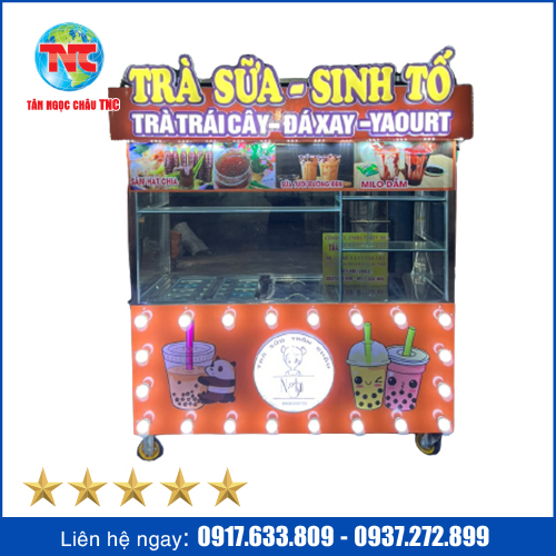 Xe Đẩy Bán Hàng Trà Sữa Kết Hợp Chữ Nổi Kèm Thùng Đá Âm Và Khay TopPing